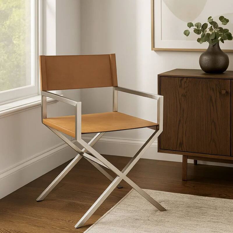 Rux Dining Chair, Smooth Brown Faux Leather, Set of 2, Director's Style Cross Legs