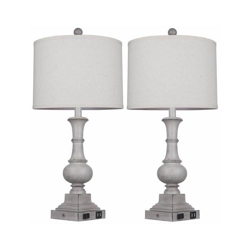 Grey Resin Table Lamps with USB & Type-C Charging Ports AC Outlet & 3-Way Dimming Switch (Set of 2)