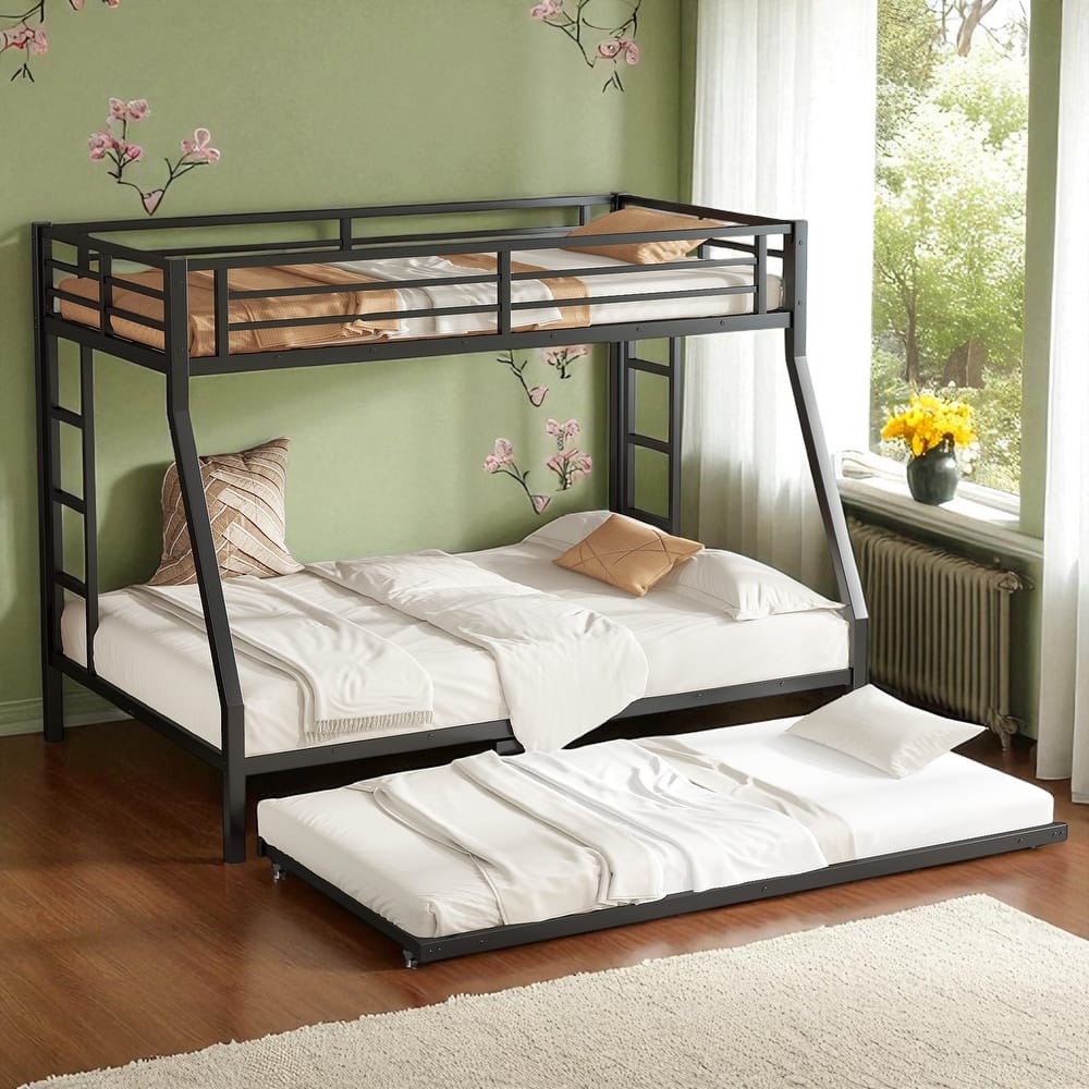 Twin over Full/Queen over Queen/Twin XL over Queen Metal Bunk Bed with Trundle, Black - Sturdy & Noise-Free