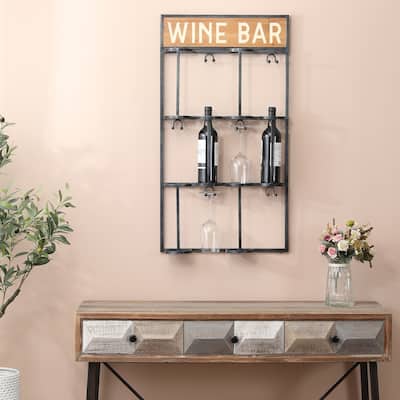 Wood and Metal Wall Mounted Wine Bottle and Glass Rack
