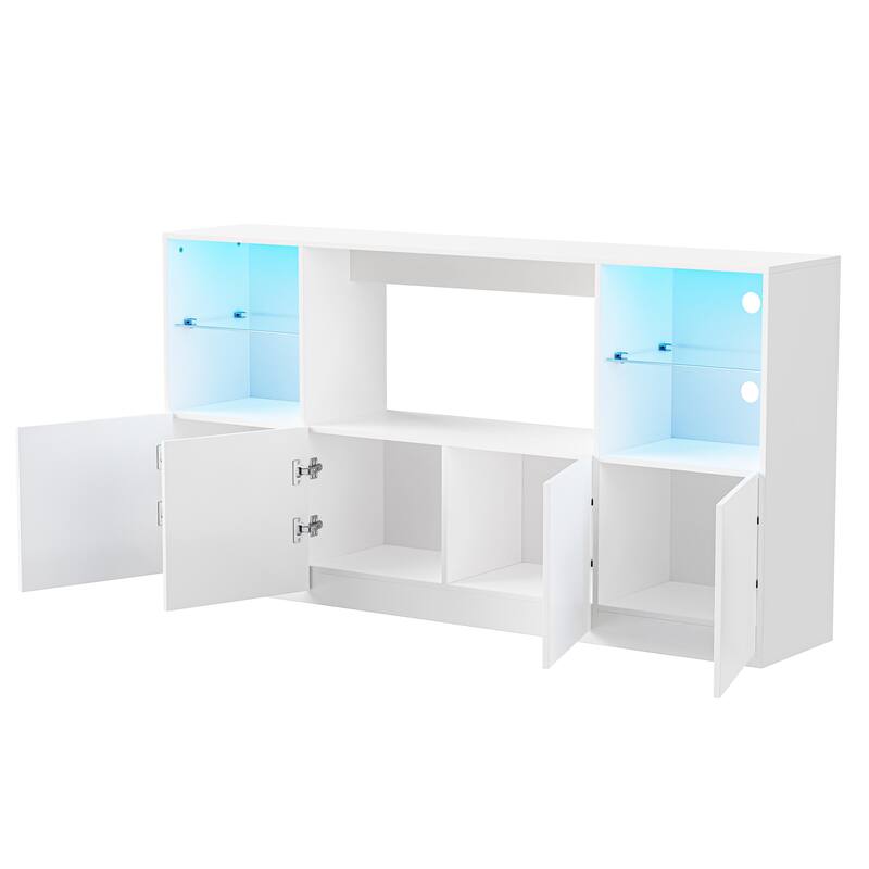 Modern High-Gloss TV Stand for TVs up to 75" with LED Lights, Large Storage Cabinet and Tempered Glass Shelves, White