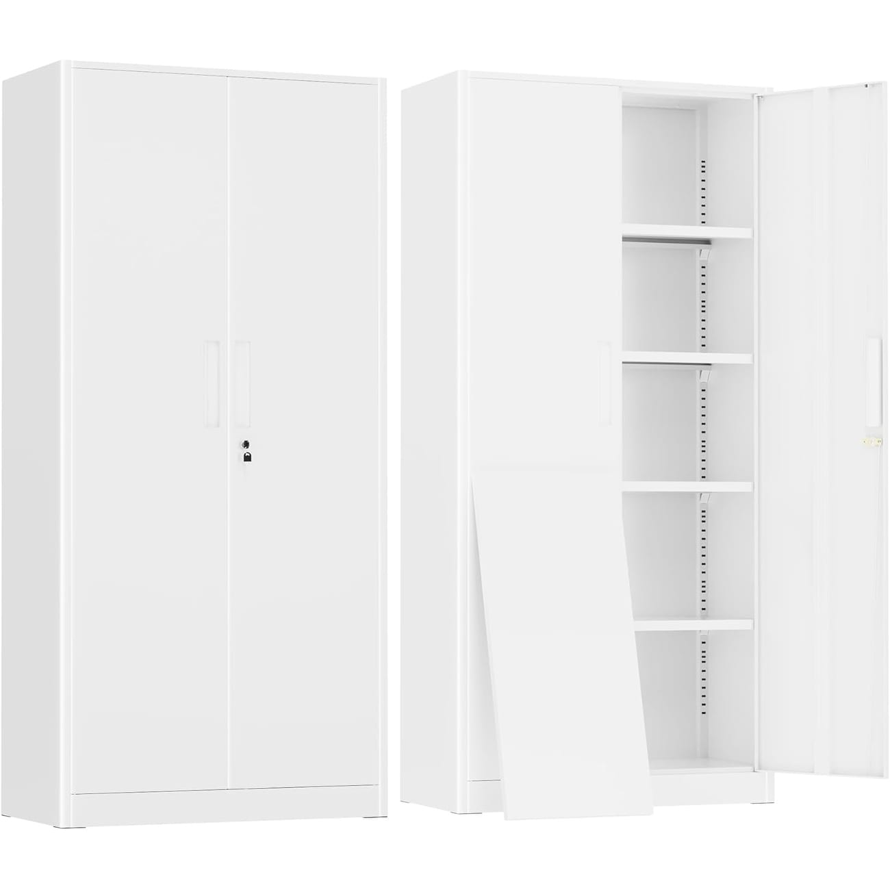 White Steel Lockable Storage Cabinet with 2 Doors and 4 Adjustable Shelves for Home, Office, Garage
