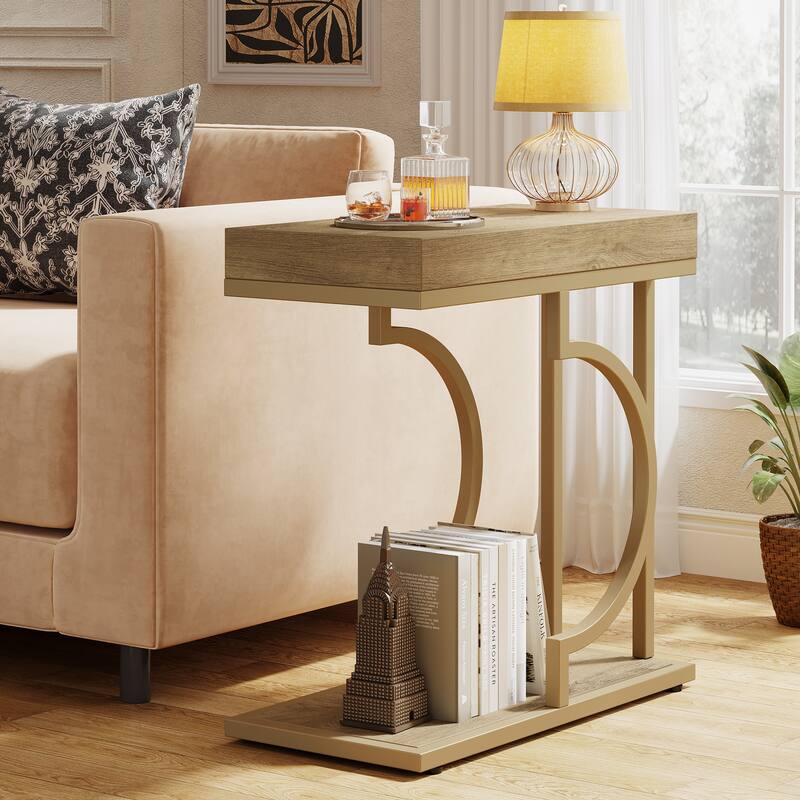 2 Tiers C Shaped Narrow End Chairside Table for Living Room