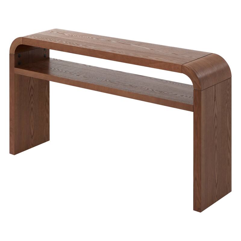 59.4" 2-Tier Curved Long Console Table with Solid Oak Wood Veneer - 59.45"L x 13.78"W x 32.87"H