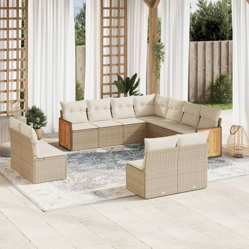 vidaXL Patio Sofa Set with Cushions Outdoor Conversation Furniture Poly Rattan - Beige and Cream - 24.4 x 24.4 x 27.2