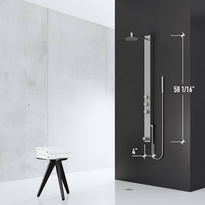 VIGO Bowery 58" H x 4" W 4-Jet Shower Panel with Round Shower Head and Tub Filler