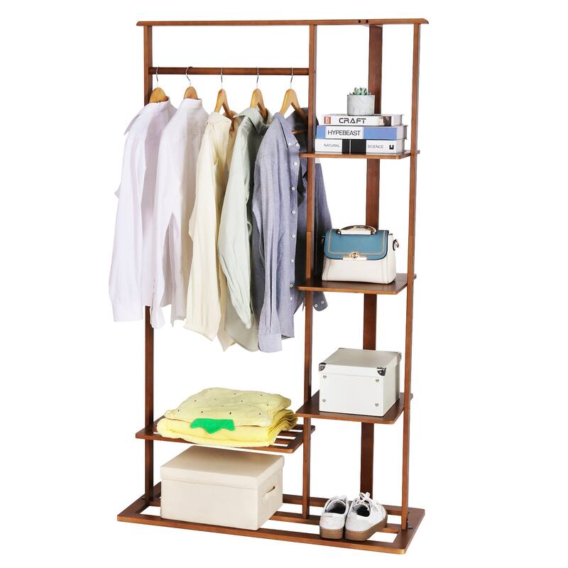 Bamboo Wooden Garment Rack Freestanding Closet Organizers - 39.8x16.1x67.3 inch