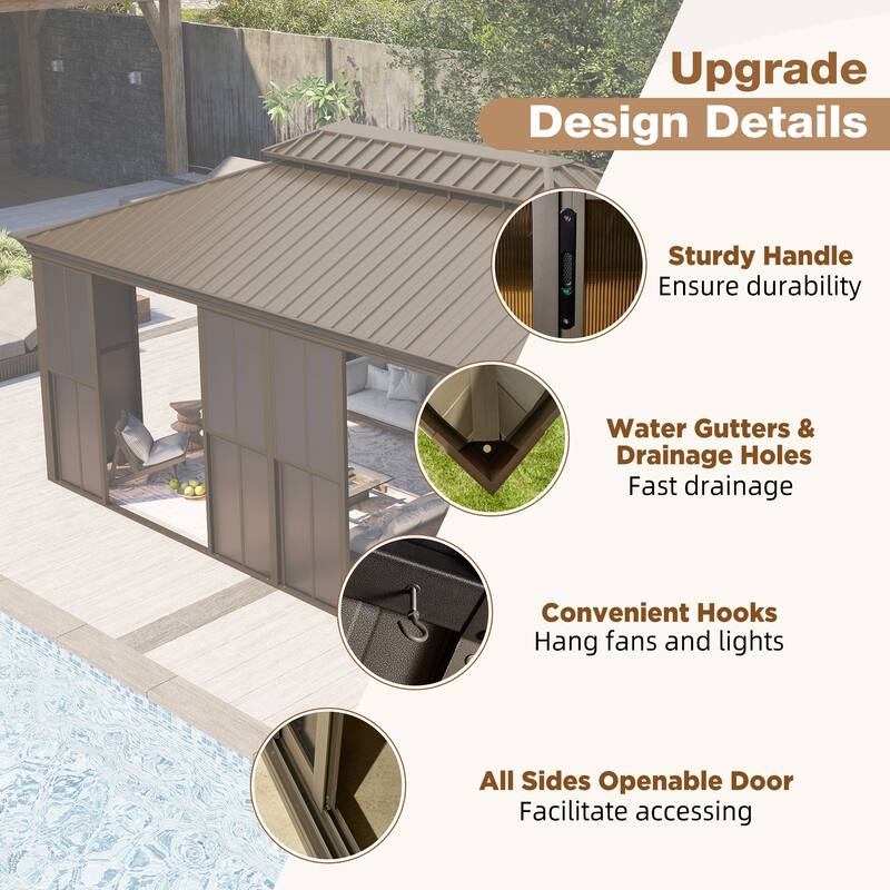 Hardtop Gazebo with Double Steel Roof, Sliding/Lockable Doors & Screens - All-Season Rustproof Aluminum Frame，Advanced Drainage