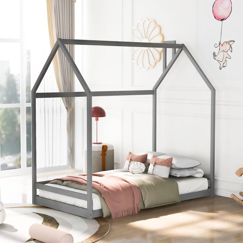 Kids Twin House Bed with Roof, Semi-Enclosed Play Area, and Sturdy Pine Frame