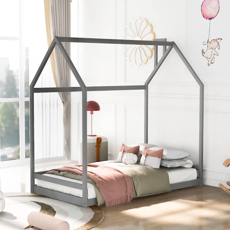 Twin/Full Size Wooden House Bed for Kids, Semi-Enclosed Playhouse Design with Roof, Perfect for Bedroom Fun and Sleep
