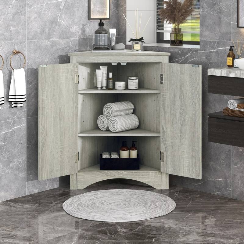 Triangle Bathroom Freestanding Storage Cabinet with Adjustable Shelves - Oak