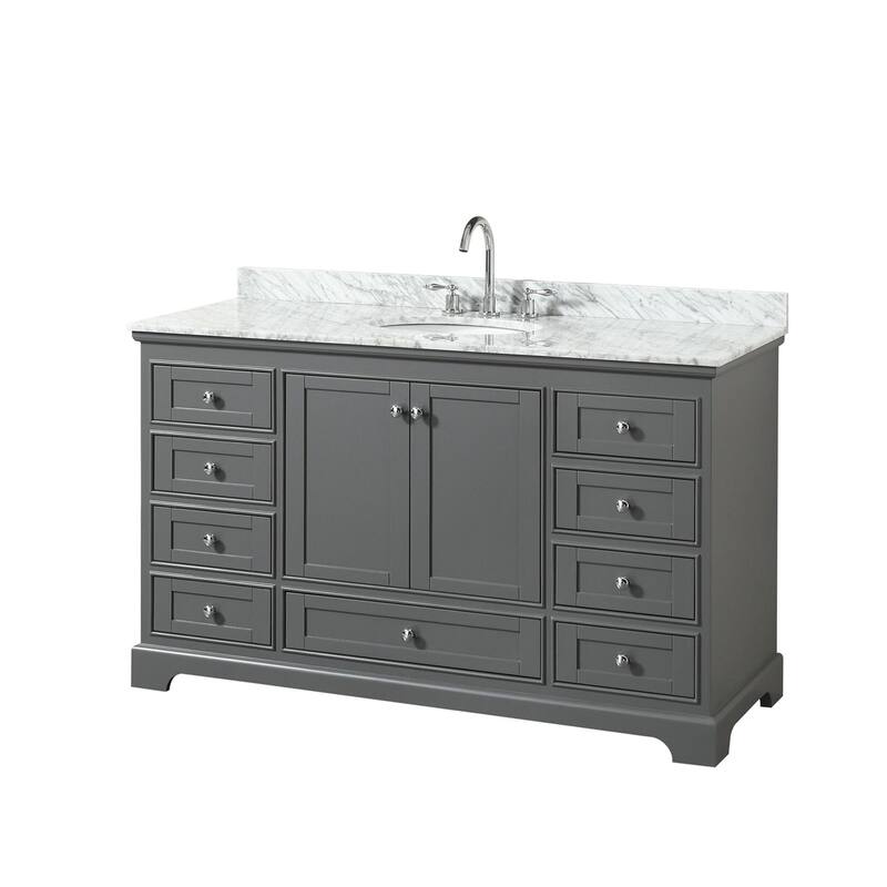 Wyndham Collection Deborah 60" Free Standing Single Vanity Set with - Dark Gray / White Carrara Marble Top / Polished - Steel Finish