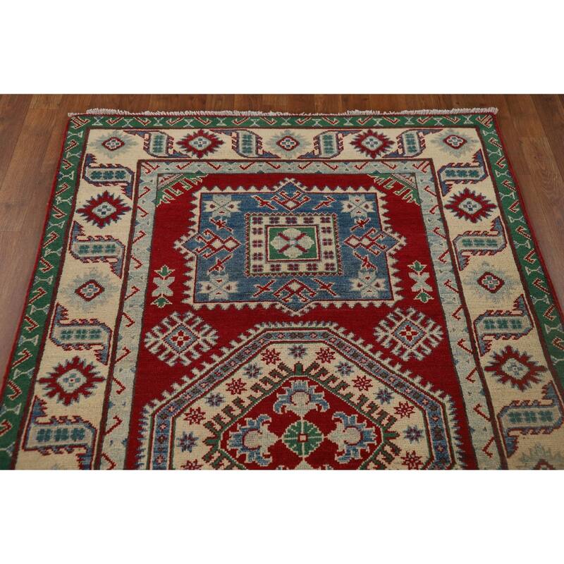 Red Geometric Kazak Runner Rug Handmade Wool Carpet - 4'0" x 13'5"