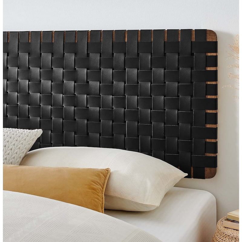Ditmas Solid Wooden Black Leather Basket Weaved Floating King Size Headboard