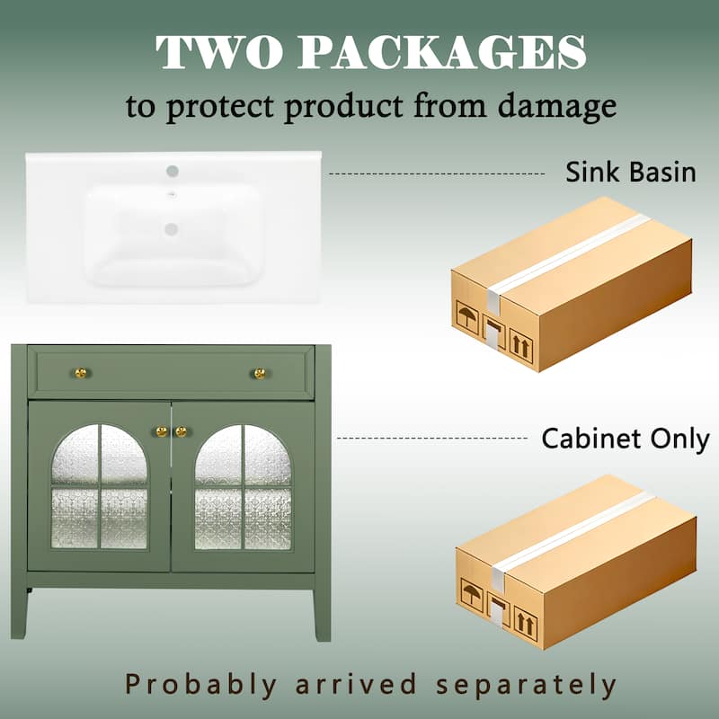 35.6-Inch Mid-Century Bathroom Vanity Sink with Patterned Glass & Motion-Sensor Light, Farmhouse Storage Vanity