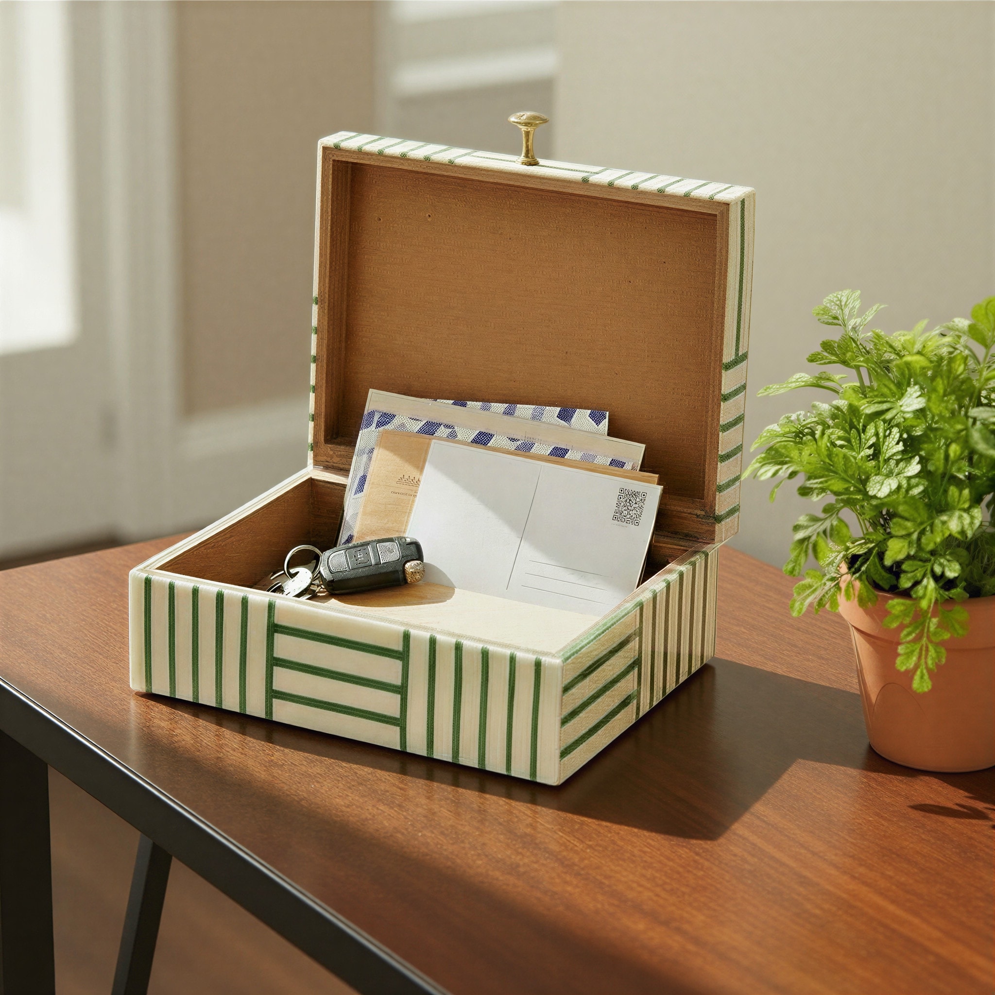 Resin Box with Striped Block Pattern and Gold Clasp