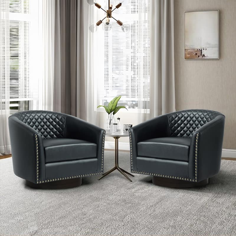 2 Set Tufted PU Vegan Leather Swivel Barrel Chair with Nailheads Trim