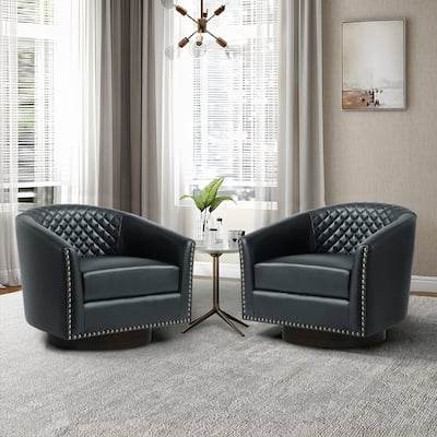 2 Set Tufted PU Vegan Leather Swivel Barrel Chair with Nailheads Trim