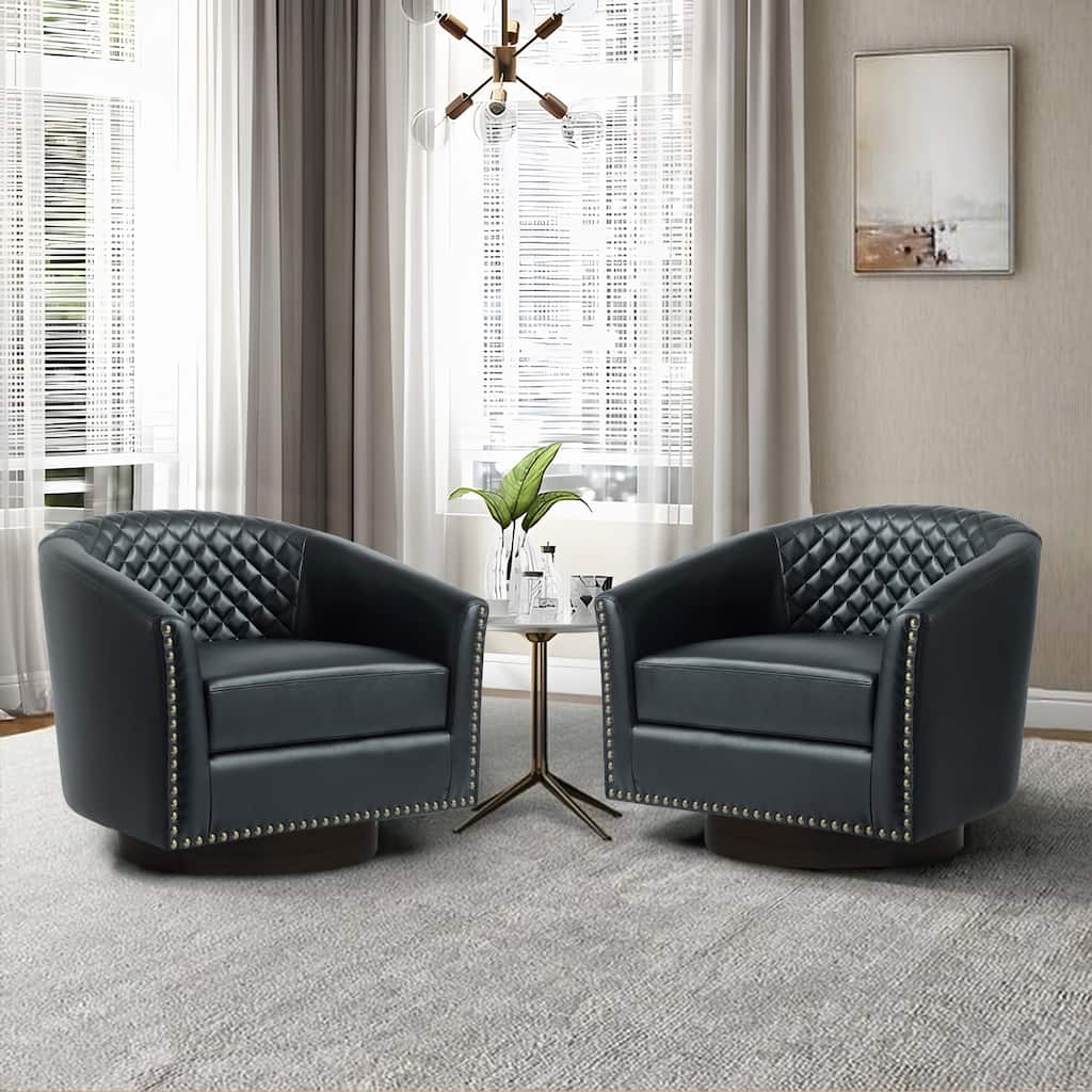 2 Set Tufted PU Vegan Leather Swivel Barrel Chair with Nailheads Trim