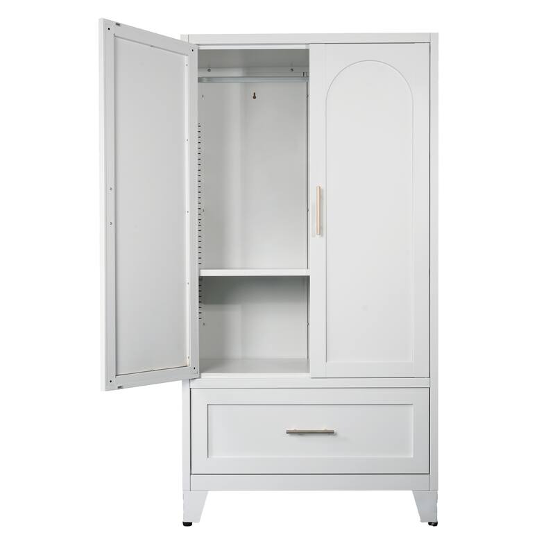 60" Tall Metal Wardrobe Closet Clothes Storage Cabinet with Folding and Hanging Areas, White