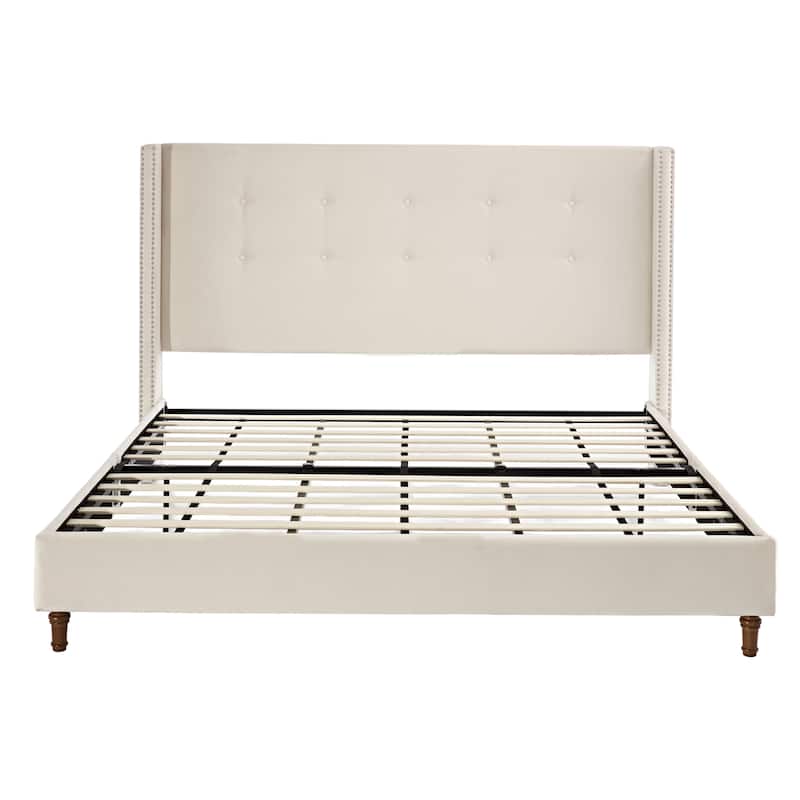 Velvet Queen Size Bed Frame with 54" Tufted Wingback Headboard, Nailhead Trim, Solid Wood Legs, Metal Support Frame