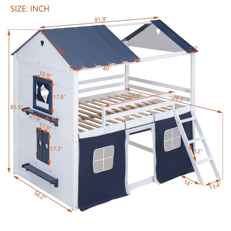 Full Size Wooden Bunk Bed with Elegant Windows and Tent Design, Blue and White