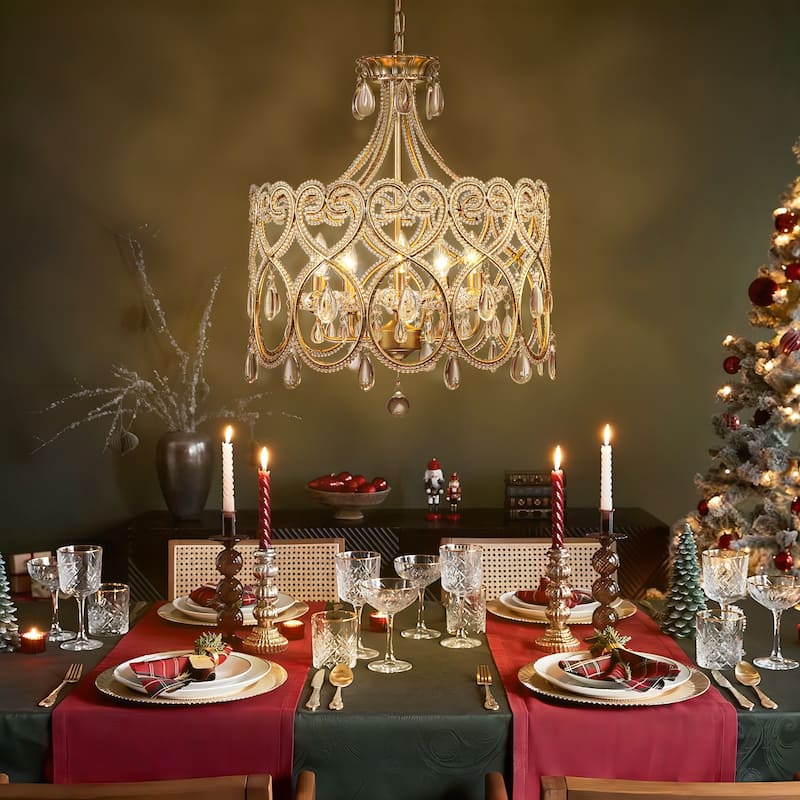 5-Light Mid-Century Modern Luxury Antique Distressed Drum Crystal Chandelier with Candle Accents