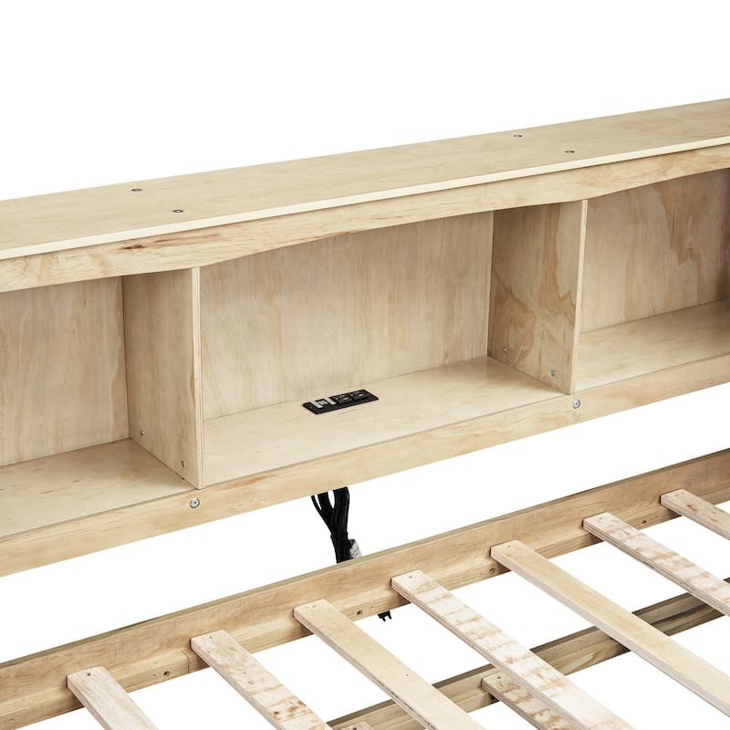 Twin Size Daybed with Trundle, Storage Cabinets, USB Ports, Wood Color