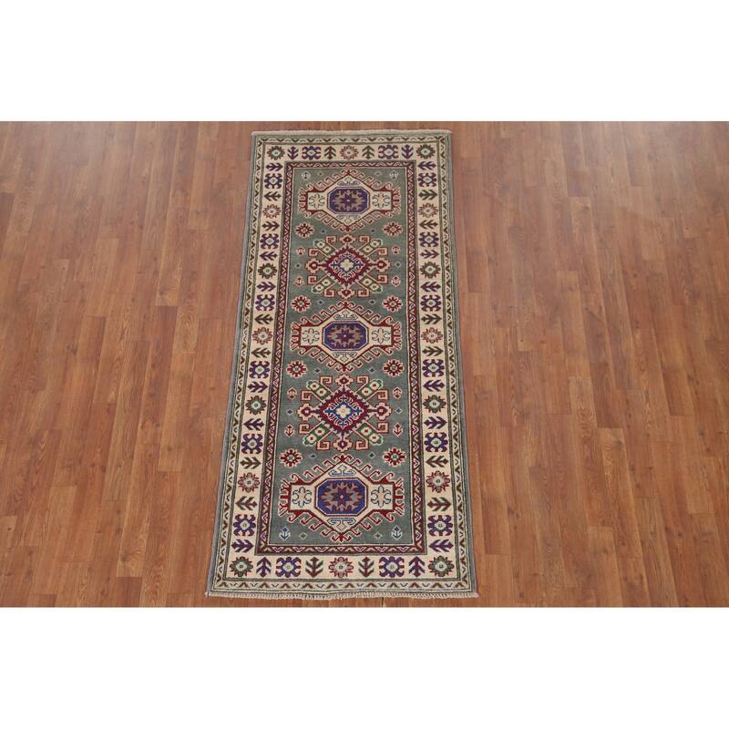 Hand Knotted Oriental 100% Wool Carpet Traditional Geometric Green Kazak Area Rug - 6' 3'' X 2' 9''
