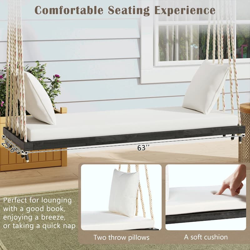 Patio Wooden Swing Chair, Hanging Porch Swing Bench with Cushion & Pillows, 10.8Ft Hemp Ropes