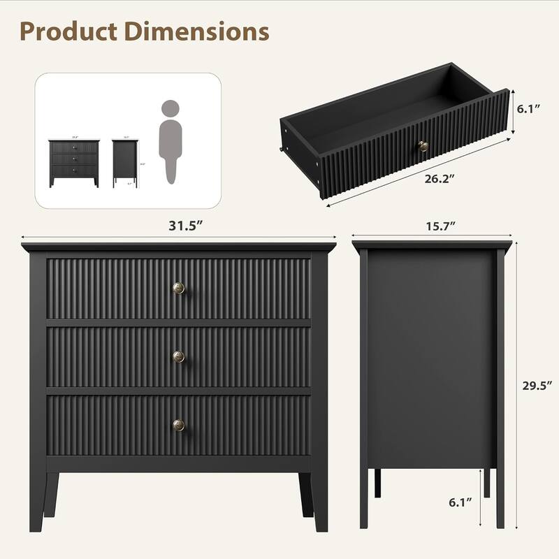 Modern 3-Drawer Dresser with Fluted Wood Front, 30" Wide Storage Cabinet for Bedroom, Living Room, or Entryway