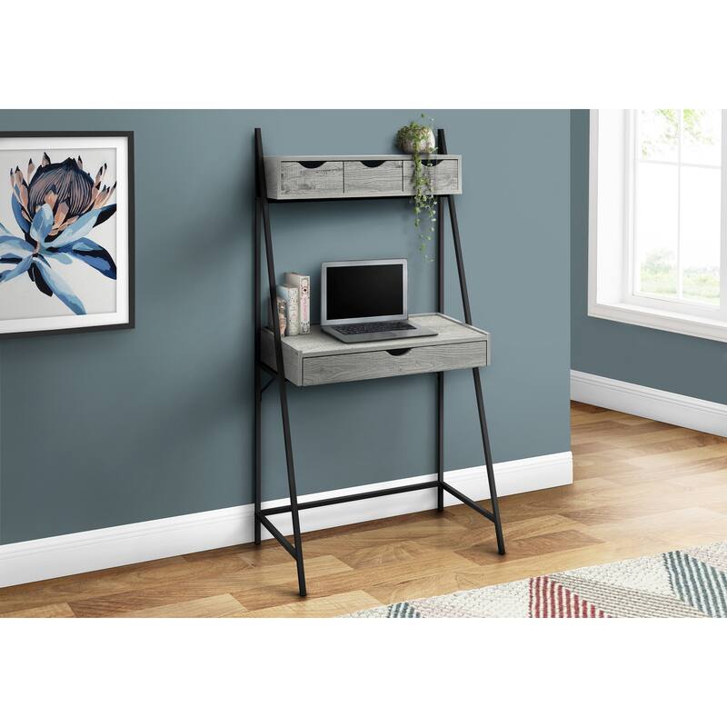 Computer Desk, Home Office, Laptop, Leaning, Storage Drawers, 32"l, Work, Grey Laminate, Black Metal, Contemporary