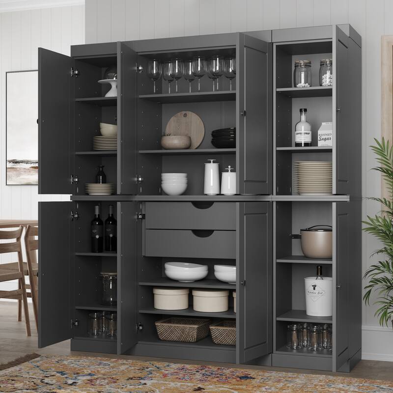 Palace Imports 100% Solid Wood Pantry Cabinet, Raised Panel Doors, 2 Drawers, Adjustable Shelves, 65" Wide, 71.5" Tall - Grey