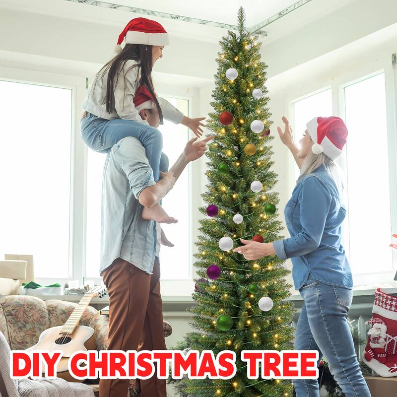 7FT Green Pencil Christmas Tree with 200 Warm White LED Lights - Slim PVC Tree with 469 Tips, Compact Design,Metal Stand