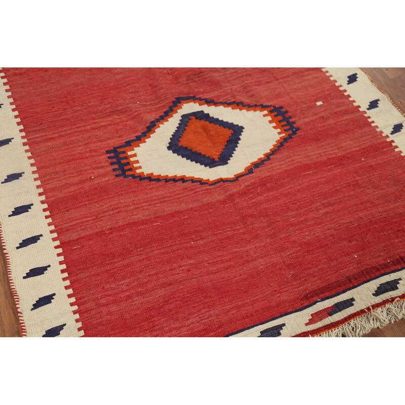 Red Kilim Qashqai Persian Vintage Area Rug Handmade Wool Carpet - 4'3"x 5'6"