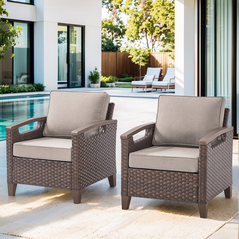 High Back Outdoor Patio Chairs Set of 2 - Brwon Wicker Beige Cushion