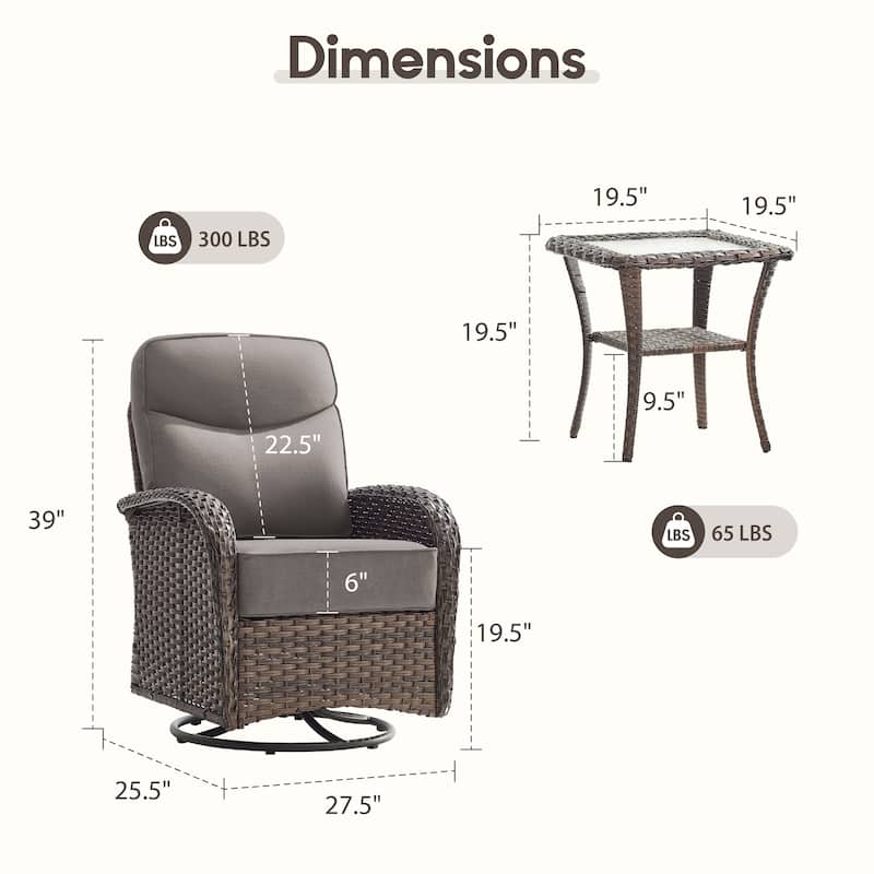 Meyreso 3-Piece Wicker Patio Swivel Glider Chairs with 6-Inch Thick Cushions and Side Table