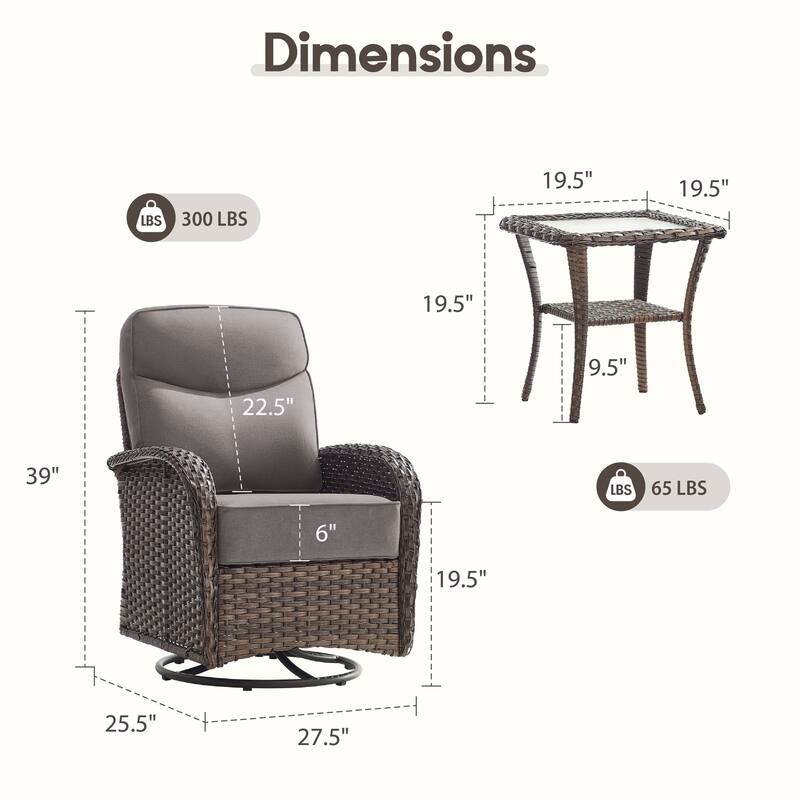 Meyreso 6-Piece Wicker Patio Swivel Glider Chairs with 6-Inch Thick Cushions and Side Table