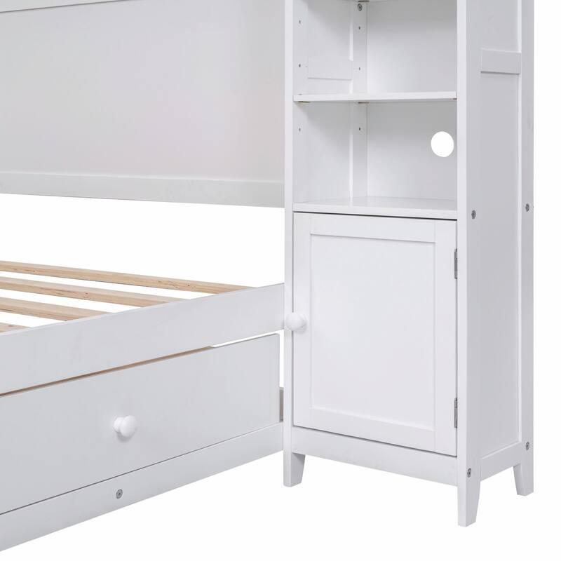 Wooden Bed with Built-in Cabinet, Shelf, and Sockets