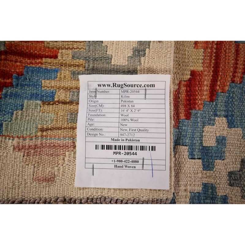 Geometric Kilim Oriental Runner Rug Hand-Woven Wool Carpet - 2'9"x 16'4"