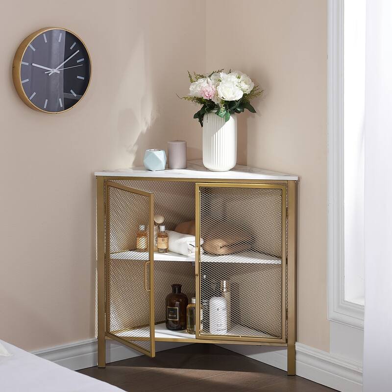 Javlergo Corner Table Modern Triangle 3-tier Storage Shelf with 2 Doors for Living Room Bedroom Office