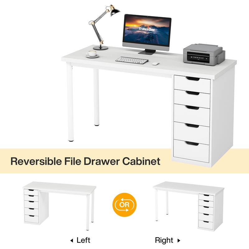Modern Computer Desk with 5 Reversible Drawers, Storage Home Office Desk, PC/Laptop Desk, Study Writing Table Workstation