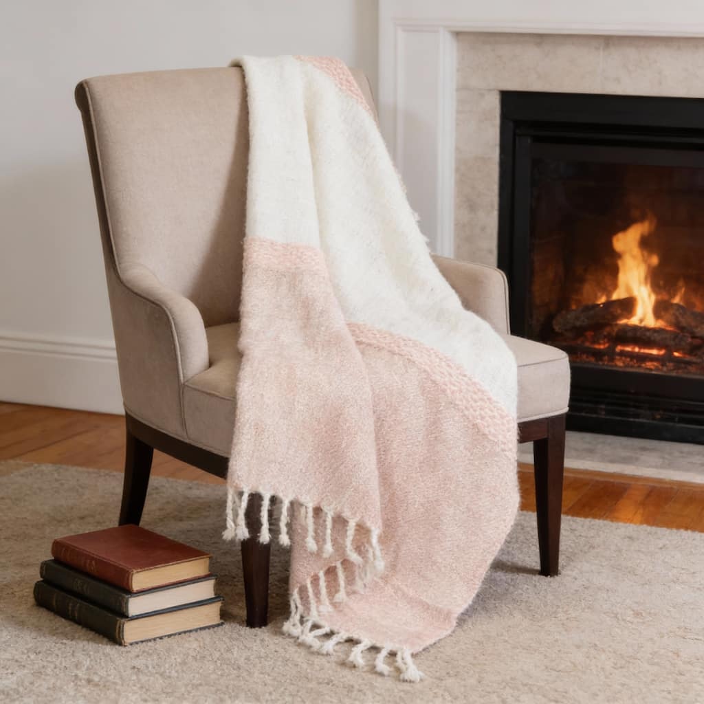 HomeRoots 50" X 60" Blush Cotton Woven Color Block Throw Blanket with Fringe