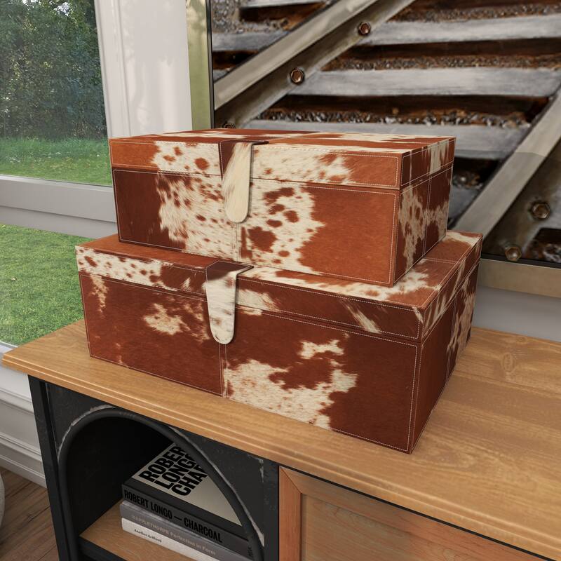 Brown Leather Handmade Box with Hinged Lid (Set of 2) - S/2 14", 17"W