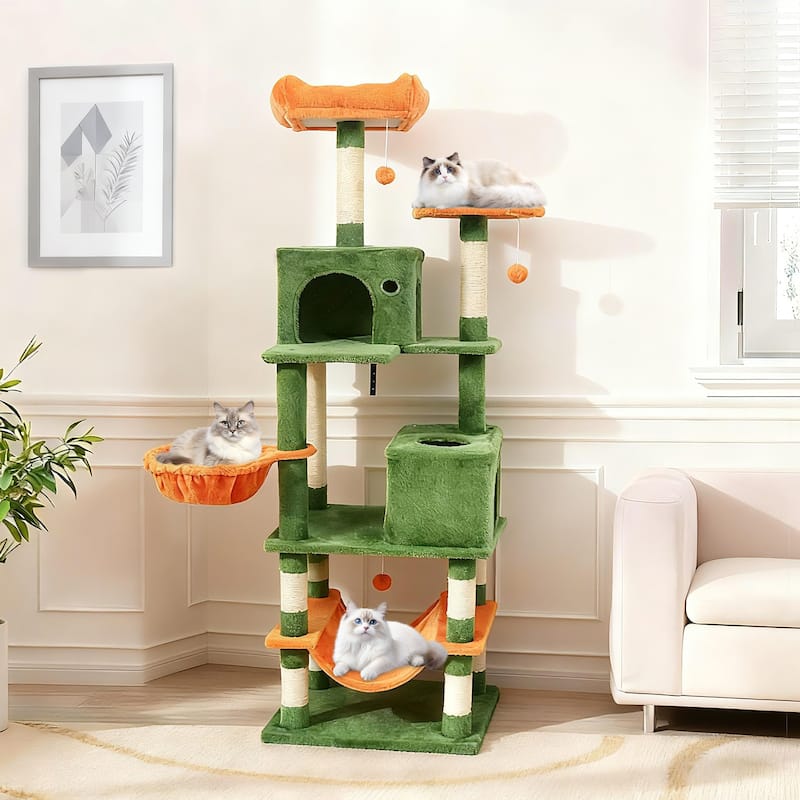 Gymax 66'' Tall Cat Tree w/2 Condos Sisal Scratching Posts Plush Perch