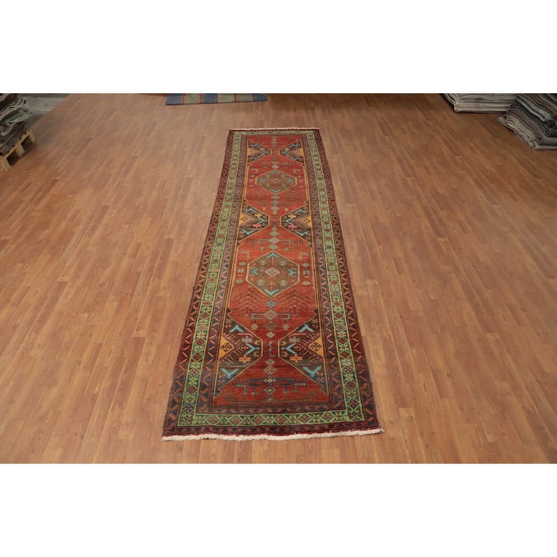 Hand Knotted Oriental 100% Wool Carpet Traditional Tribal Oranges & Rust Heriz Runner Rug - 12' 5'' X 3' 6''