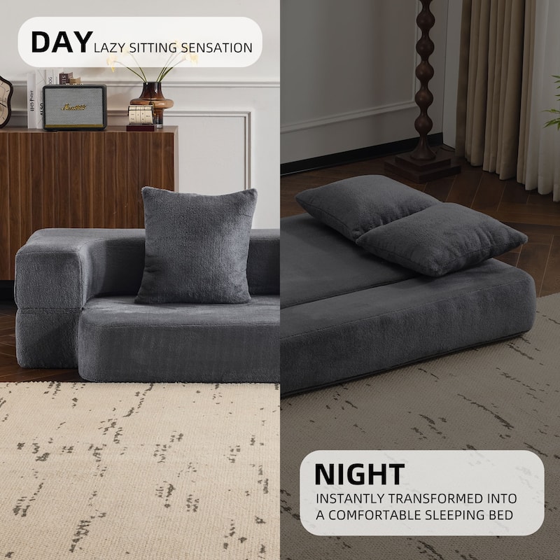 74.81" Faux Fur 3-in-1 3-Seater Floor Sofa, Converts to Bed with Memory Foam