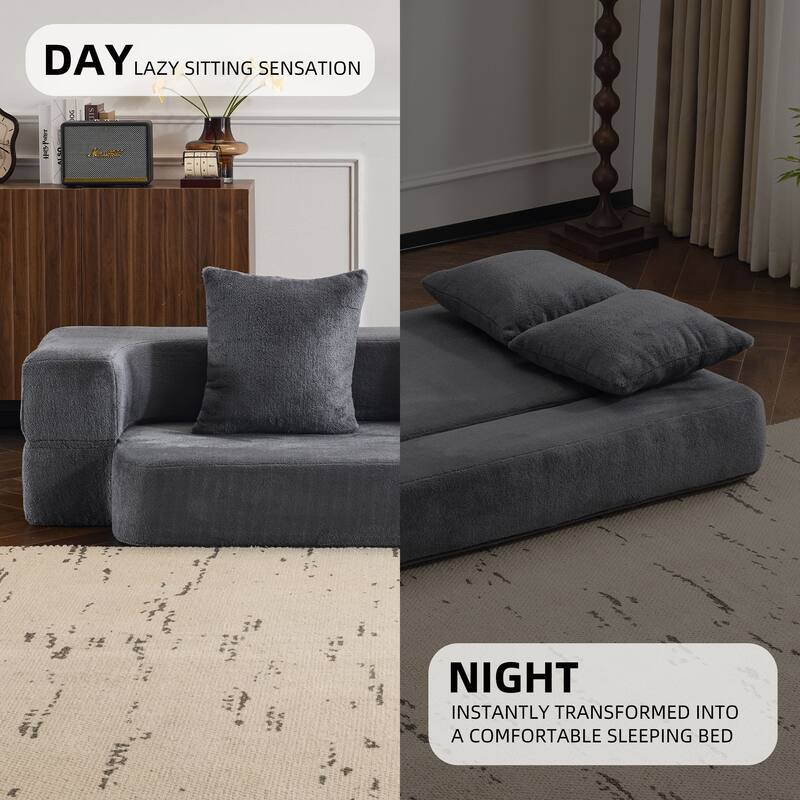 Transformable Sectional Sofa with 3 Ottomans - Fold-Out Bed, Light Grey Chenille Lounger in Faux Fur
