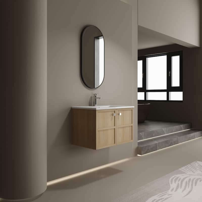 30" Wall-Mounted Bathroom Vanity whit Ceramic Sink - Oak