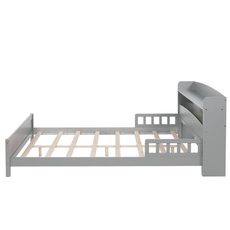 Full Size Platform Bed with LED Motion Sensor Light, Bookcase, And Adjustable Guardrails